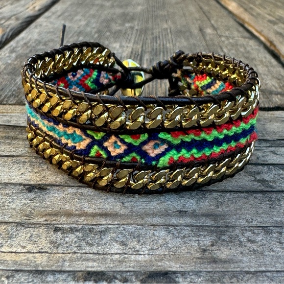 NWOT✨ Boho Western Colorful Macrame Gold Chain & Leather Friendship Bracelet - Picture 16 of 16